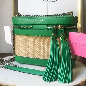NWT Kate Spade Green leather Straw Crossbody purse